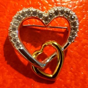 Vintage Napier Brooch 2 Hearts Interlocked Gold Silver Tone Rhinestone